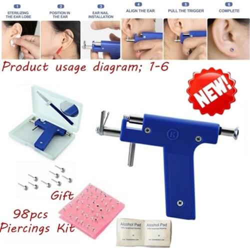 Professional Stainless Steel Body Piercing Tool Kit Professional Ear Nose Navel Piercing Machine with 98pcs Ears Studs Tools