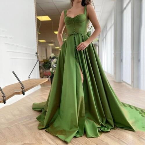 Simple Green Satin A-Line Prom Dress Elegant Straps Buttons Evening Dress Plus Size Split Party Dress With pocket