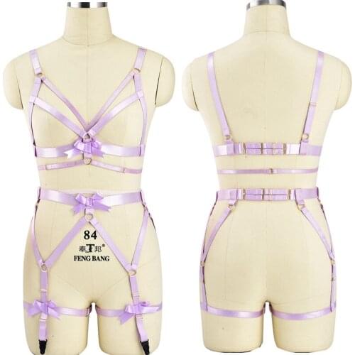 Romantic purple Strappy Harness Bow Garter Set Punk Gothic Sexy Lingerie Full Body Bondage Harness Elastic Cage Bra Wedding Belt