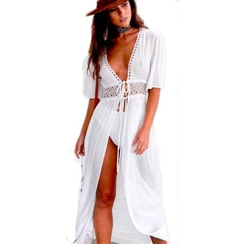 2020 Sexy Boho Dress Sarong Retro Lace Maxi Swimwear Bikini Cover Up Beach Long Kimono Chiffon Crochet Smock Swimming Dresses