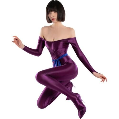 Sexy Women Full Body Bodysuit Cosplay Clubwear Slash Neck Smooth Pants Oil Gloosy Sexy Tight Shaping Candy Color F70