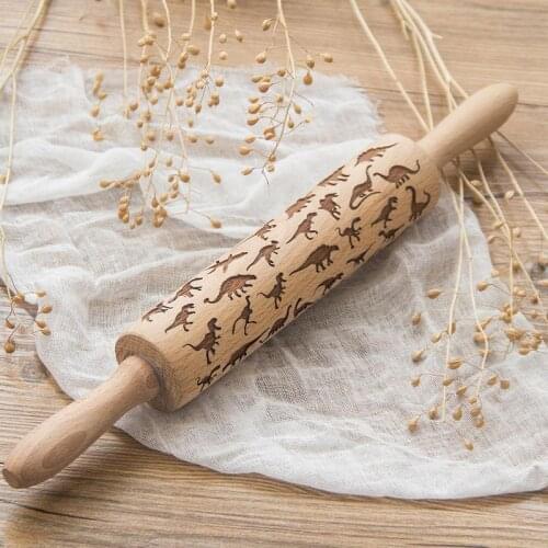 Dinosaur Pattern Embossed Rolling Pin Christmas Baking Cookies Biscuit Fondant Cake Dough Engraved Roller Reindeer