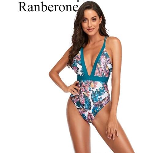Ranberone One Piece Swimsuit Women Sexy Push Up Swimwear Floral Bathing Suits Cross Bandage Beach Wear Deep v Monokini 2020