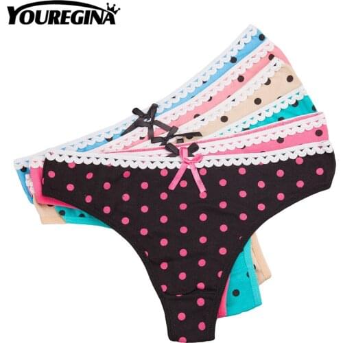 YOUREGINA Women Sexy Thongs G-string Cotton Bowknot Underwear Dot Spots Print Woman Cute Female Lingerie Intimates 6pcs/lot MXL