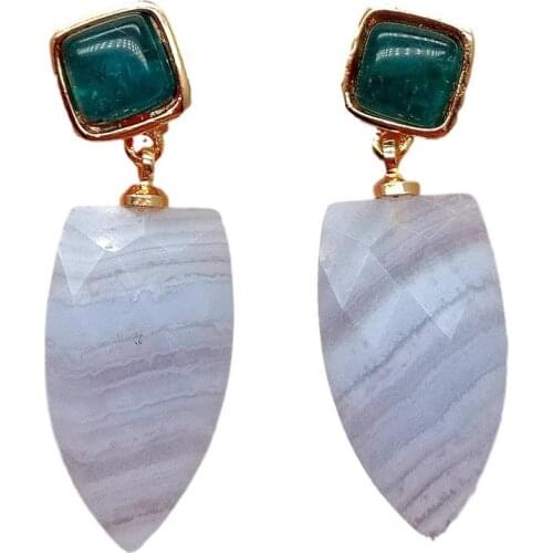 YYGEM Natural Square kyanite pear Blue Chalcedony Gold filled Stud Earrings luxury for women
