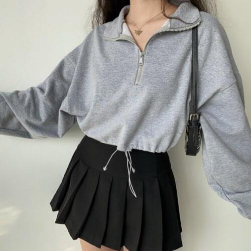 WOMENGAGA Solid Color Stand Collar Long Sleeve Loose Zippers Women Tops Fashion Drawstring Tie Waist Casual Sweatshirt AP8Z