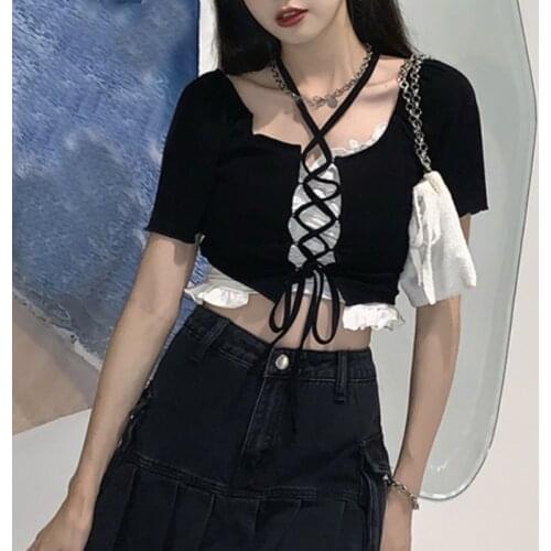 Bandage Design Black Sexy Blouse Women Korean Fashion Short Sleeve Elegant Slim Tops 2021 Summer Clothes Lady Vintage Y2k Shirts