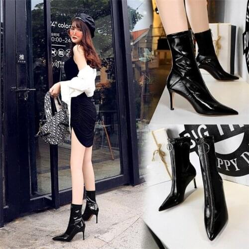 Women Shiny High-Heeled Boots Sexy Slim High Heels Patent Leather Front Zipper Short Boots Ladies Martin Boots Pointed Stiletto