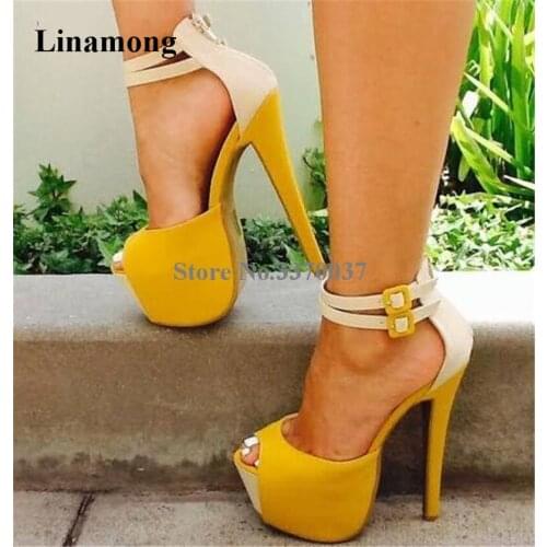 New Design Women Fashion Open Toe High Platform Pumps Yellow Suede Leather Super High Ankle Straps High Heels Dress Shoes