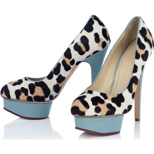 Womens Platform Leopard Horse Hair Fur Stilettos High Heel Pumps Shoes Sandals Sexy Party Nightclub 4Colors New 2021