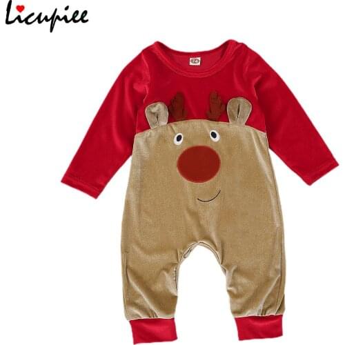 Christmas Rompers Baby Girls Long Sleeve Jumpsuit Cartoon Christmas Elk Patch Stitching One Piece Long Pants 0-18 Months