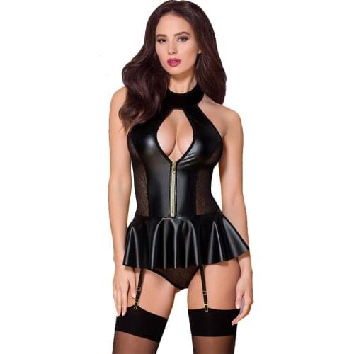 Womens Sexy Clubwear Corset PU Leather Bodysuits Party Dress Clubwear Nightwear Lingerie Gift for Girlfriend Bondage Dresses