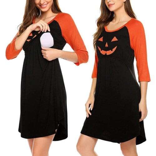 2021New Halloween Pregnant Pajamas Women Breastfeeding Dresses Pumpkin Print Halloween Maternity Dress