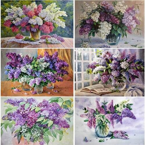 DIY 5D Diamond Painting Flower Diamond Embroidery Purple Lavender Vase Cross Stitch Kit Full Round Mosaic Rhinestone House Decor