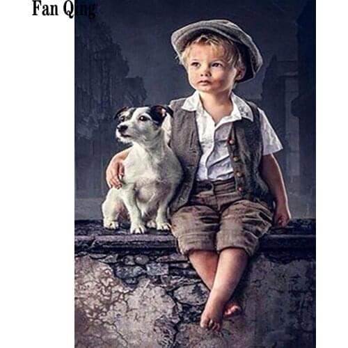 5D DIY Diamond Painting Full Square Round Rhinestone Embroidery Little Boy And Dog Cross Stitch Mosaic Home Wall Decoration