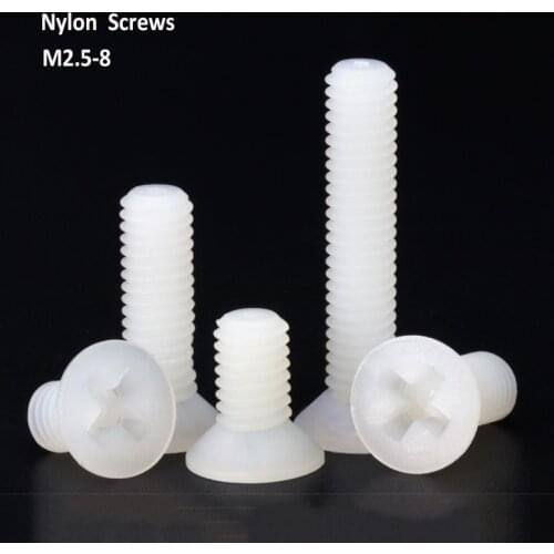 White Nylon Flat Head Phillips Screws Plastic Countersunk Head Phillips Bolts M2.5 M3 M4 M5 M6 M8 Length 5mm-40mm