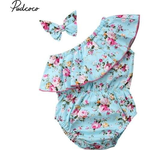 2020 Baby Summer Clothing Lovely Girls Baby Infant Kids Floral Ruffled Romper Jumpsuit Cute One Shoulder Clothes Outfits Set
