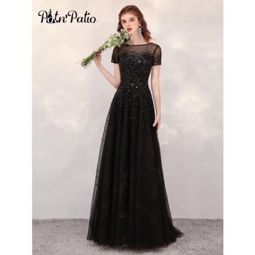 Elegant Black Evening Dresses With Short Sleeves 2021 O-neck A-line Heavy Handmade Sequin Beads Long Women Formal Evening Gown