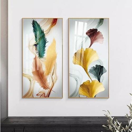 Colorful Morden Nordic Canvas Poster Plants Flowes Ginkgo Leaves And Feathers Painting prints Wall Art Print Pictures Home Decor