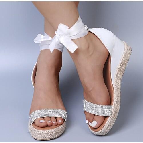 Summer Sandals Women Wedges Platform Open Toe Red Rhinestone Sandals High Heel Pumps Plus Size 35-43 Strap Cross Summer Shoes