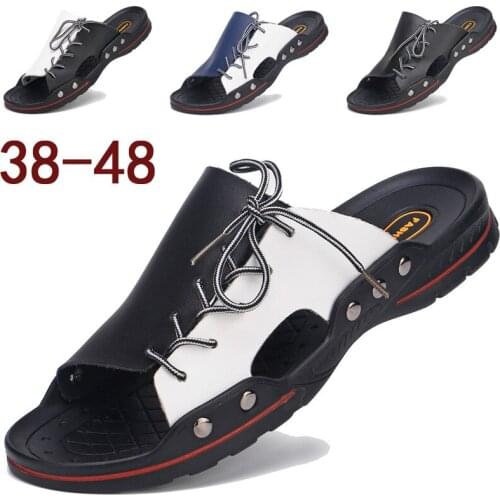 Summer Breathable Mens Sandals Soft Leather Casual Shoes Comfortable Flats Men Slippers Men Beach Sandals Big Size 38-48 2.5a