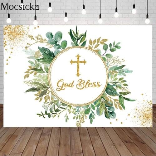 Mocsicka God Bless Backdrops Newborn Child First Holy Communion Baptism Party Decor Green Leaf Gold Glitter Birthday Background