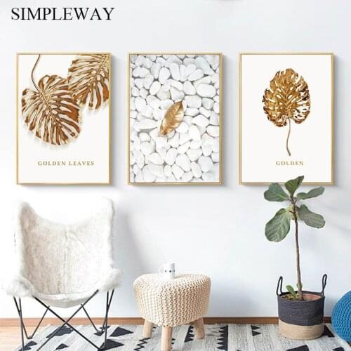 Golden Plant Monstera Leaf Wall Canvas Print Nordic Luxury Poster Art Painting Simplicity Picture Modern Living Room Decoration