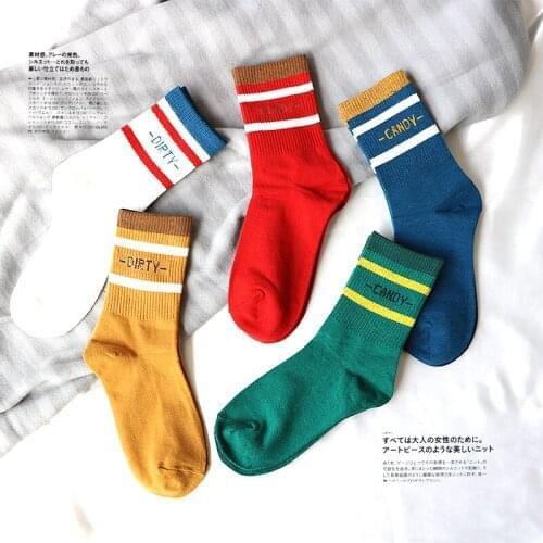 Cotton Color Women Socks Letter Candy Bar Jacquard Spring Autumn Socks Breathable Solid Striped Casual Crew Antique
