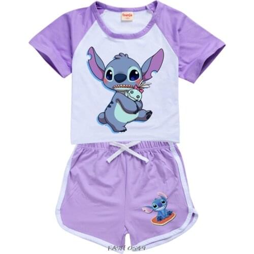 New Summer Baby Girls Clothes Sets Stitch Short Sleeve Pullover T Shirts Shorts Outfits 2 3 5 7 8 10 11 -16Y