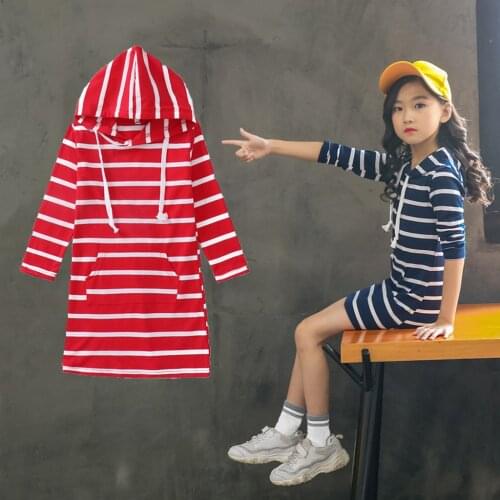 Spring Fashion Teen Girl Dress Kids Girls Stripe Hooded Long Sleeve Slim Pencil Princess Dress Casual Sport Stylish Clothing