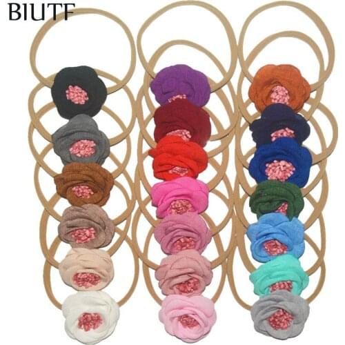 15pcs/lot Nude Nylon Headband with 2.4 inch Burned Hemp Fabric Flower Boutique Hair Accessories HB048