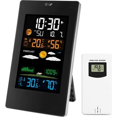 Radio Alarm Clock Wireless Weather Station with Sensor Colorful LCD Display Temperature Humidity Indoor Outdoor Weather Forecast