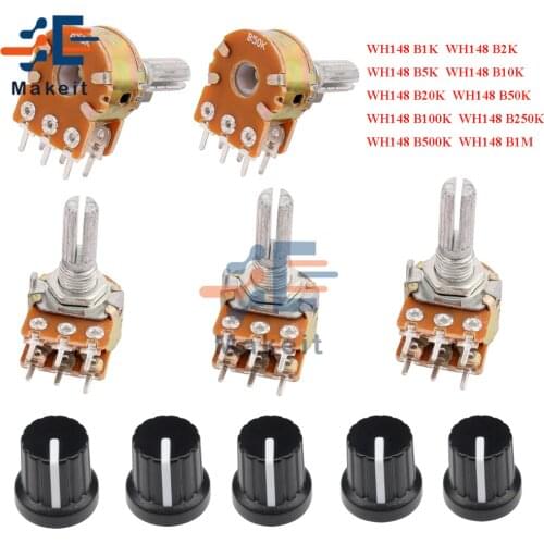 5Pcs/lot 6Pin Potentiometer Resistor WH148 1K 2K 5K 10K 20K 50K 100K 250K 500K 1M Ohm Linear Taper Rotary Potentiometer with Cap