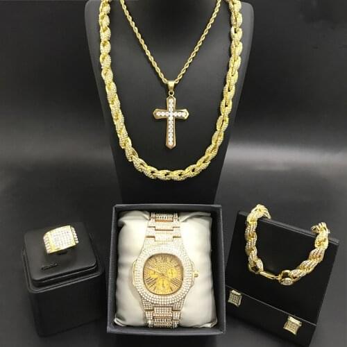 Luxury Men Gold Watch & Neckalce & Braclete & Ring & Earrings Combo Ice Out Cuban Crystal Miami Neckalce Chain Hip Hop For Men