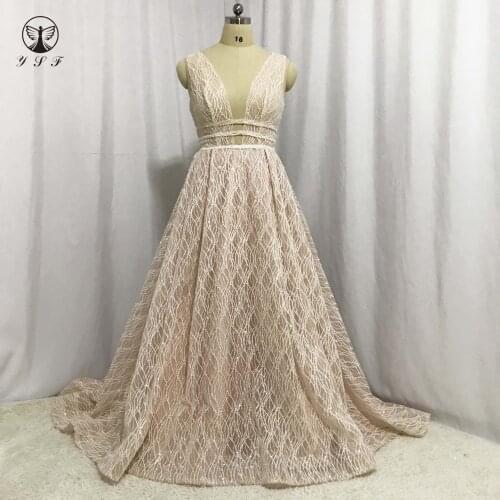 Sexy Plunging V Neck Sleeveless Bling Bling Low Back A Line Sweep Train Prom Dresses