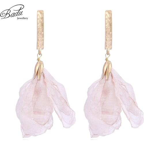 Badu Pink Flower Dangle Earrings for Women Handmade Yarn Jewelry Statement Earrings for Holiday Fashion Gift Brincos Wholesale