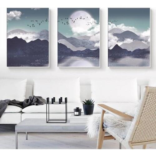 Modern Abstract Vast Starry Sky Bright Moon Birds Beautiful Night Scene Home Decoration Frameless Canvas Printing Poster
