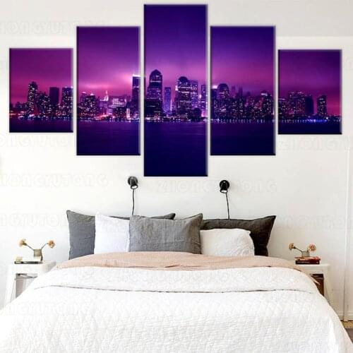 Modern Home Wall Decor Painting Purple Light City Night View Canvas Art HD Modular Picture Print Posters For Living Room Framed