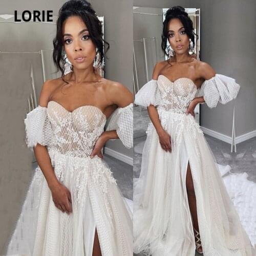 LORIE Boho Wedding Dresses off Shoulder Appliques Lace Wedding Gown Short Sleeve Bohemian Bridal Dress 2021 suknia ślubna