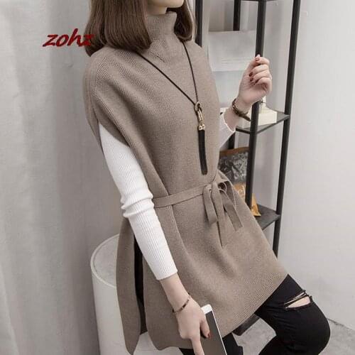 Women Winter Sweater Vest Two Pieces Set Casual Long Sleeve Sweater With Belt 2021 Turtleneck Knitted Sweater Lady Pullover Tops