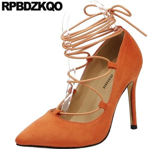 Plus size cross strap pumps pointed toe orange shoes women super high heels big 8cm ultra scarpin ladies thin stiletto extreme