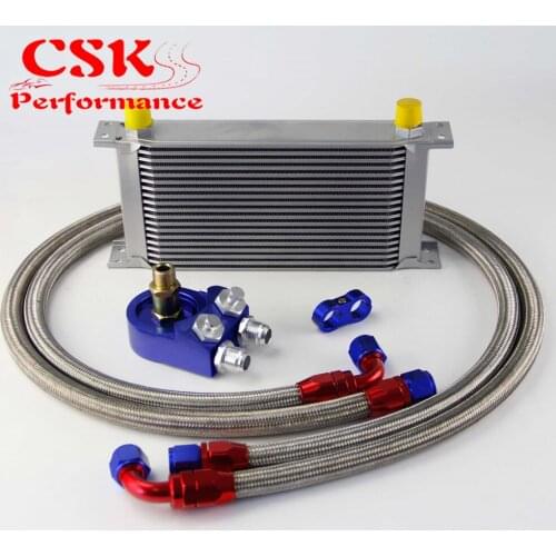 Universal 19 Row 248mm AN10 Engine Transmission Oil Cooler British Type + Aluminum Filter Adapter Kit Blue