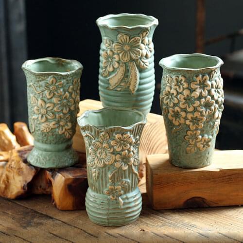 Vintage Embossed Floret Ceramic Succulent Pots Handmade Creative Large Old Pile Simple Plant Potted Plants Home Garden Decor