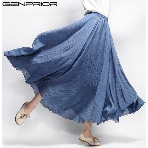 GENPRIOR Vintage Cotton Linen Women Skirts Summer Large Plus Size Half-body Tightness Loose Elastic Waist A-line Skirt Female