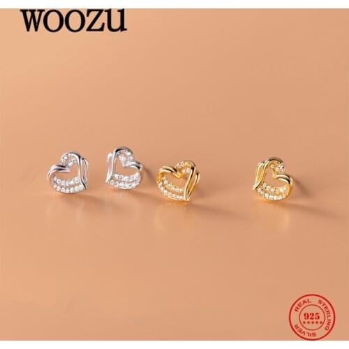WOOZU Real 925 Sterling Silver Sweet Hollow Love Heart Zircon Stud Earring For Women Wedding Teen Romantic Charming Jewelry Gift