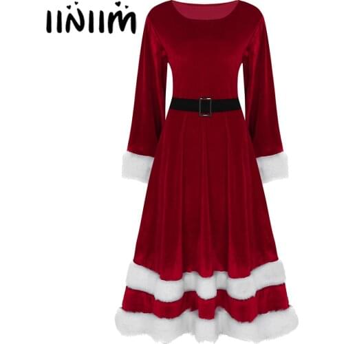 US/UK STOCK Womens Ladies Velvet Long Sleeves Mrs Santa Claus Costume Adults Christmas Fancy Party Dress Femme Theme Party Dress