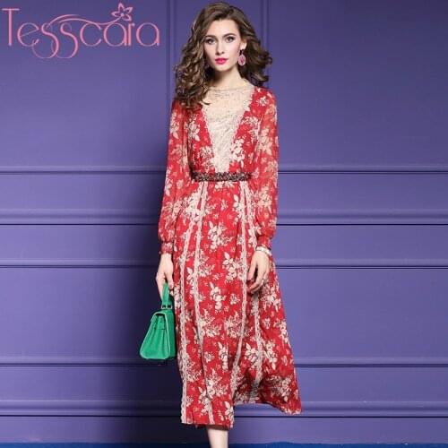 TESSCARA Women Runway Designer Luxury Long Chiffon Dress Festa High Quality Party Robe Vintage Lantern Sleeve Cocktail Vestidos
