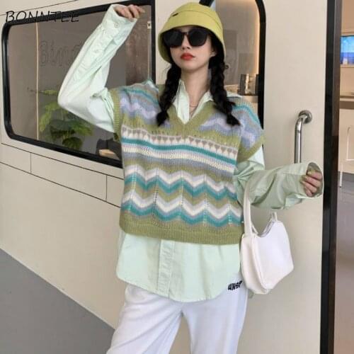 Sweaters Vests Women V-neck Loose Striped Vintage Loose Sleeveless Retro Chic All-match Knitted Autumn New Casual Teens Fashion