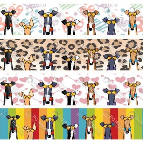 1-1/2" Cute Greyhound Printed Custom Dog Design Cartoon for DIY Crafts Hair Bow Collar Lanyard/Satin /3" Grosgrain Ribbon CA331