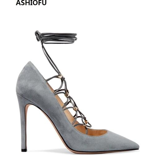 ASHIOFU New Ladies High Heel Pumps Crosscriss Straps Sexy Shoelace Dress Shoes Party Prom Fashion Evening Court Shoes